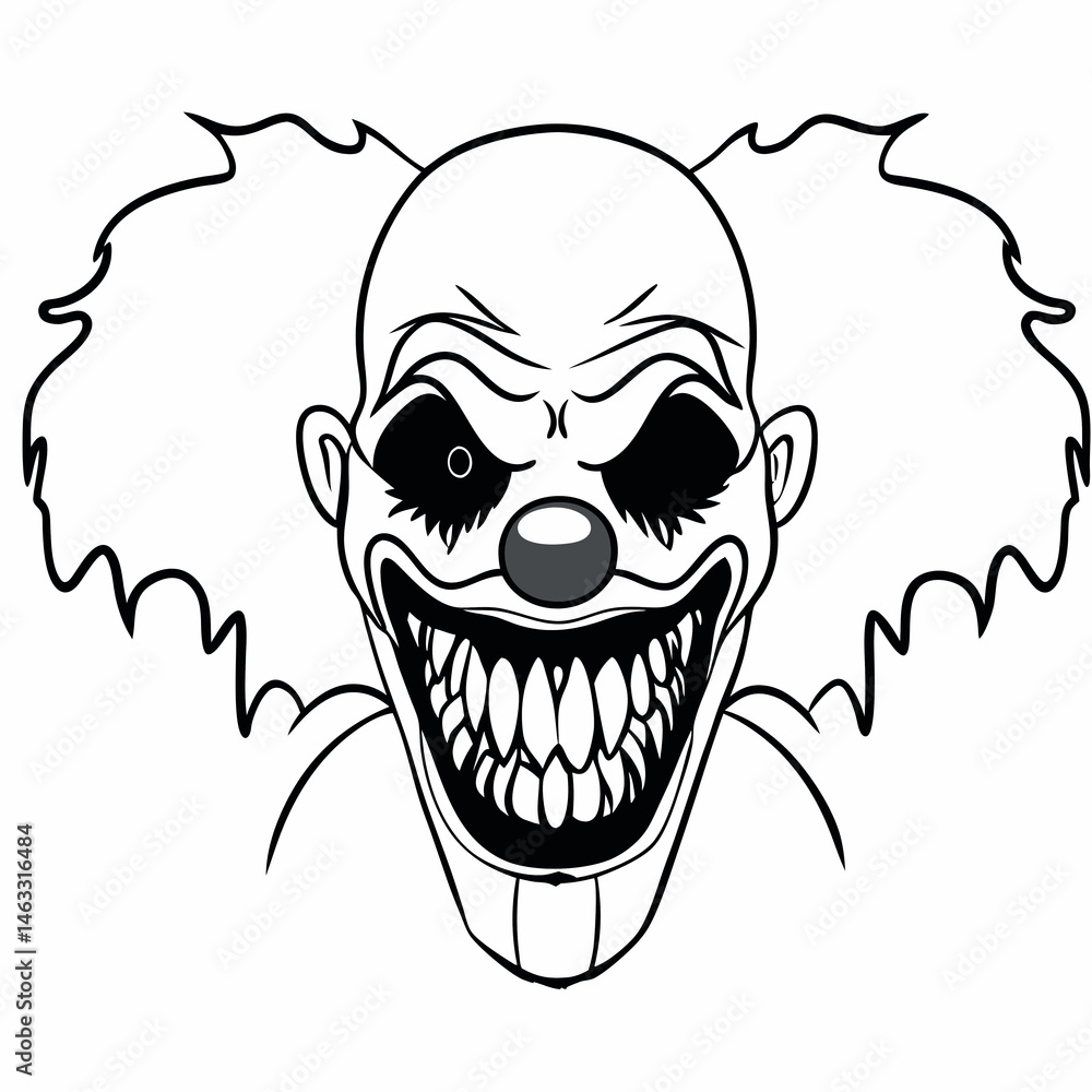 Fototapeta premium Sinister clown with menacing grin - line art vector illustration in white background