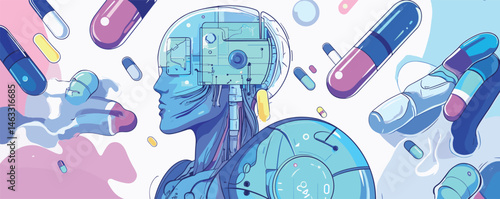 Futuristic cyborg with embedded technology and floating capsules in a sci-fi setting.