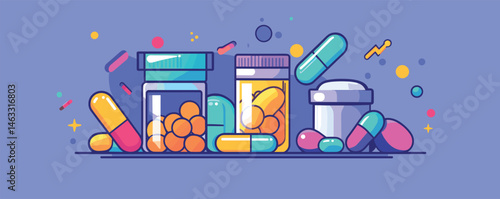 Colorful medicine bottles and pills on purple background with capsules and tablets.