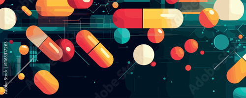 Colorful capsules and pills floating in abstract digital space with geometric background.