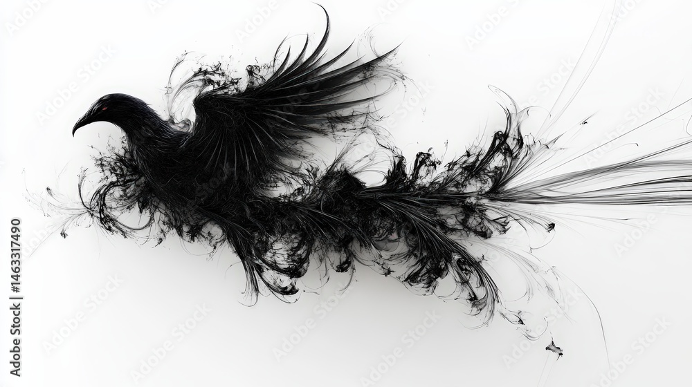 Abstract Black Bird Illustration with Ink Splatter, Dark Feathered Abstract Black Bird Illustration with Ink Splatter, Dark Feathered