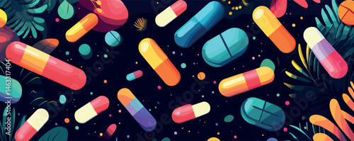 Colorful capsule pills in a vibrant jungle-themed pattern against a dark background.