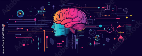 Futuristic ai brain interface with neural connections in vibrant colors on dark background.