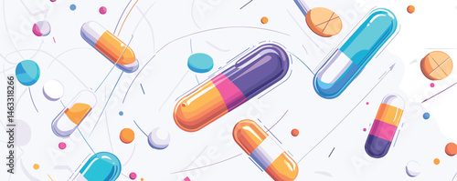 Colorful capsules and pills floating on white background with abstract lines.