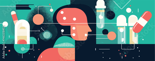 Abstract conceptual art depicting human head and medicine themes in modern graphic style.