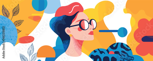 Colorful abstract art: woman in sunglasses with bold patterns and vibrant background.