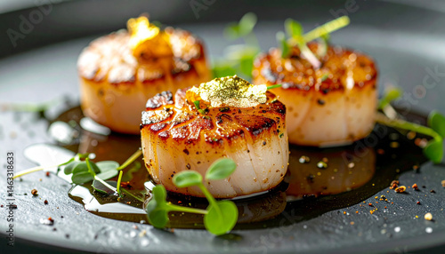 Sizzling scallops in an elegant gourmet kitchen a close-up culinary showcase