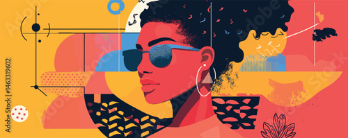 Bold abstract portrait of a woman in sunglasses with geometric shapes and vibrant colors.