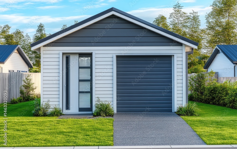Modern detached garage in a suburban neighborhood. Nicely landscaped Modern detached garage in a suburban neighborhood. Nicely landscaped