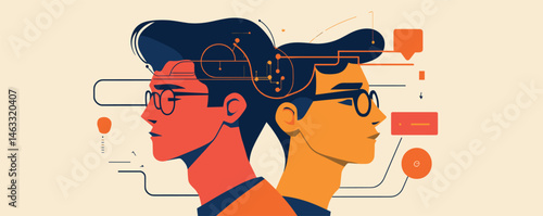 Two young men back to back with digital circuit overlay representing technology and innovation.