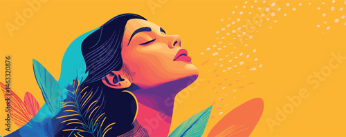 Vibrant artistic portrait of a young woman relaxing against yellow background.