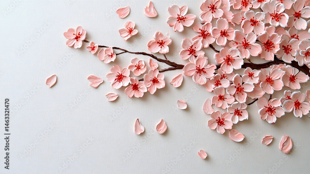 Blooming cherry blossom tree in delicate watercolor technique, petals scattered across canvas, spacious composition with empty white zones, textured brush handling Blooming cherry blossom tree in delicate watercolor technique, petals scattered across canvas, spacious composition with empty white zones, textured brush handling