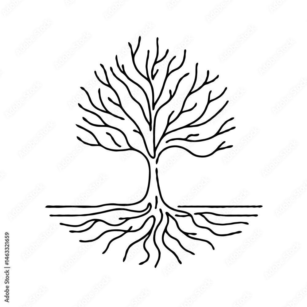 Fototapeta premium Abstract tree illustration with roots in black and white style
