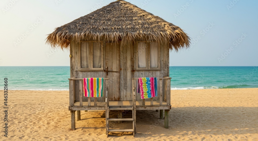 Fototapeta premium Beach Hut on Sandy Shore with Colorful Towels