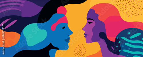 Abstract art of two faces in vibrant colors facing each other on a bold yellow background.