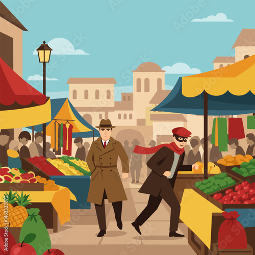 Man Chasing Thief at Outdoor Market Illustration with Fruits and Vegetables