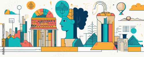 Modern abstract urban landscape with geometric shapes and human profiles in bright colors.