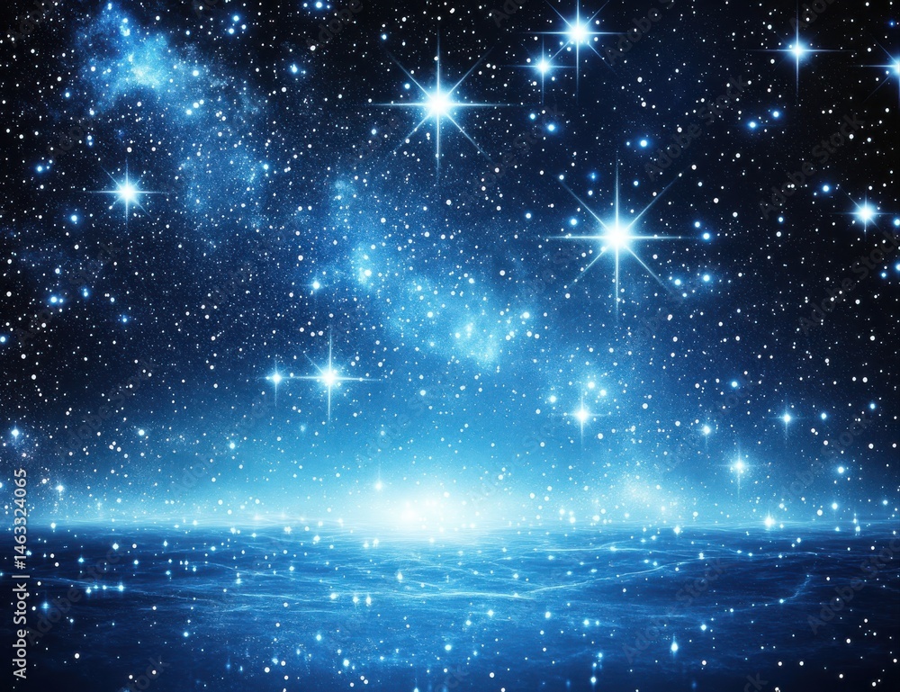 Obraz premium Vast expanse of starlit space above a celestial sea. A breathtaking view of a galaxy's luminous wonders. Cosmic landscape with numerous stars, glowing nebulae and distant galaxies,