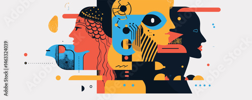 Abstract geometric artwork featuring human faces in bold colors and shapes.