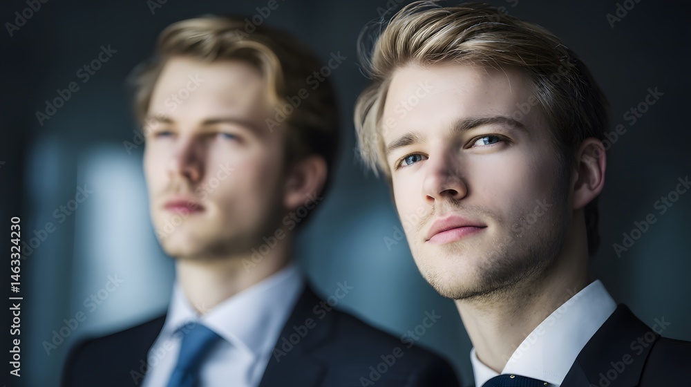 Two young executives in formal business attire captured in a professional upper body portrait with elegant lighting and soft blurred office background, conveying leadership, corporate confidence Two young executives in formal business attire captured in a professional upper body portrait with elegant lighting and soft blurred office background, conveying leadership, corporate confidence