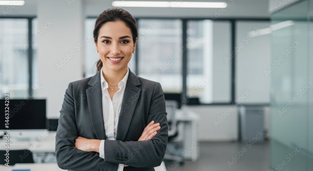 Smiling woman in business attire stands in a bright modern office with arms crossed. Smiling woman in business attire stands in a bright modern office with arms crossed.