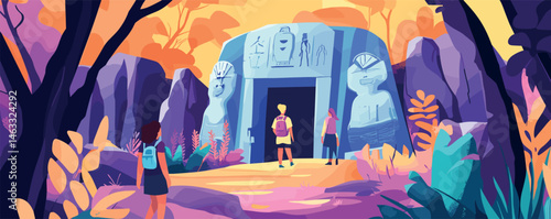 Colorful adventure: three explorers entering ancient stone temple in vibrant jungle setting.