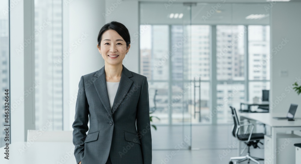 Woman in business suit smiles inside bright modern office with large windows. Woman in business suit smiles inside bright modern office with large windows.