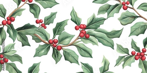 Elegant Watercolor Holly Berries and Leaves Seamless Pattern for Festive Winter Holiday Designs