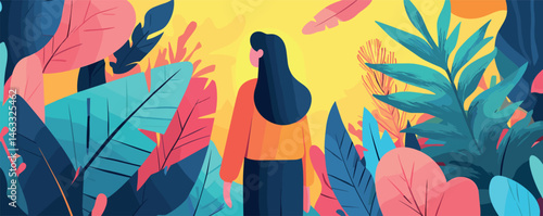 Woman in vibrant jungle: exploring lush tropical foliage with colorful leaves.