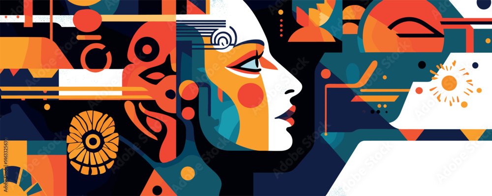 Fototapeta premium Colorful abstract portrait of female face in geometric shapes and bold patterns.