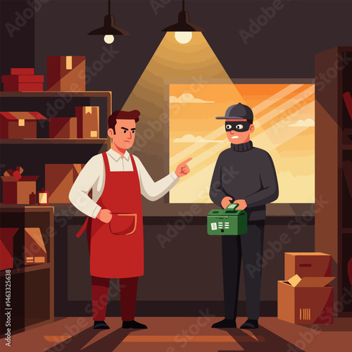 Confronting Burglar Crime Scene Inside Storage Room Graphic Style