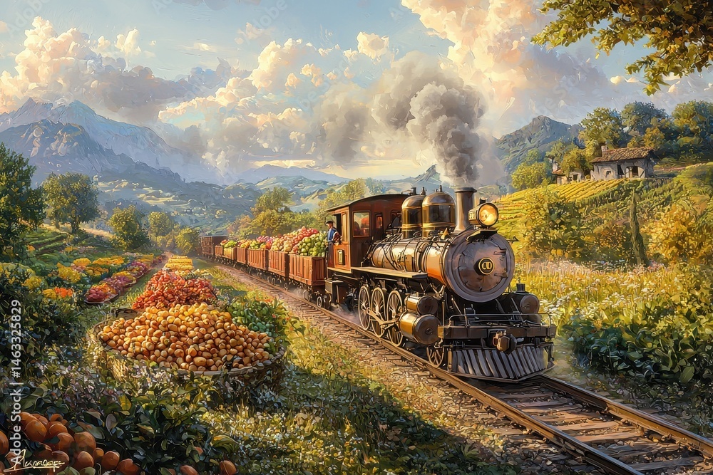 Obraz premium Vintage Steam Train Traveling Through Lush Countryside with Vibrant Fruit Fields and Majestic Mountains Under a Picturesque Sky