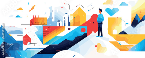 Male exploring abstract modern cityscape with geometric shapes and vibrant colors.