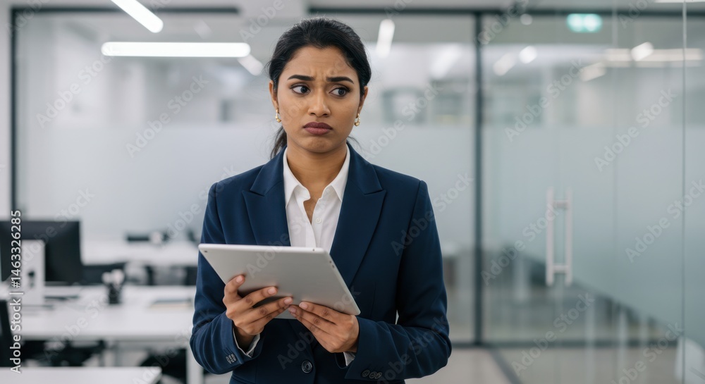 Businesswoman holding tablet standing in office environment with glass walls and desks. Businesswoman holding tablet standing in office environment with glass walls and desks.