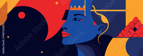 Abstract blue woman portrait with red accents and geometric shapes.