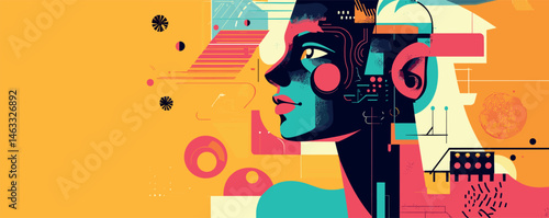 Abstract female portrait in vibrant cubist style with geometric and technological elements.