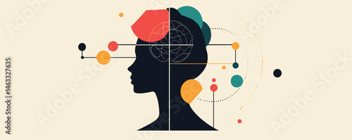 Abstract illustration of human brain and geometric patterns in silhouette profile.