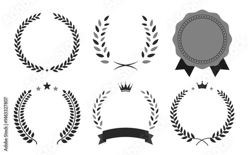 ランキング用フレームデザインセット(1位 金銀銅 メダル 月桂樹 ベクターイラスト 編集可能 背景透過PNG 冠 ゴールド アイコン リボン 賞)