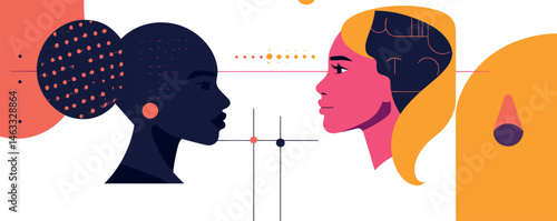 Abstract art of two women: contrasting profiles and colors in modern geometric design