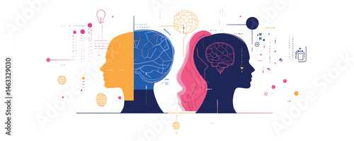Abstract illustration of two human profiles with brain graphics depicting connection and thought processes.