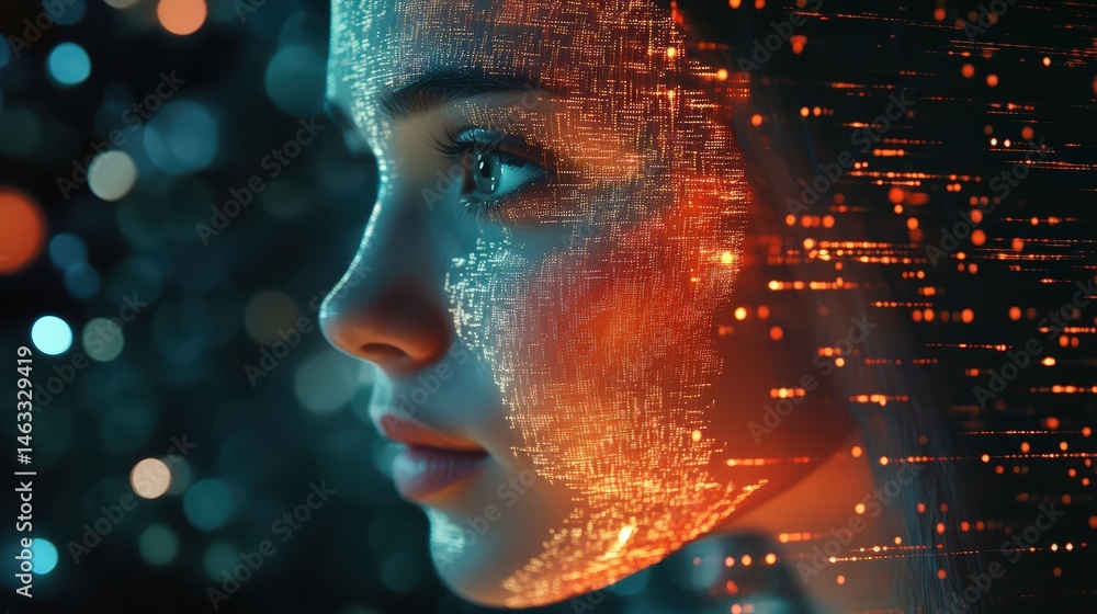 Abstract conceptualization, AI integration depicted in woman with glowing pattern Abstract conceptualization, AI integration depicted in woman with glowing pattern