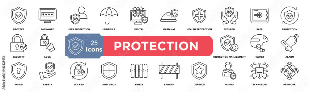 Protection icon set. Containing safe, shield, lock, security, alarm, umbrella, guard, fence and more. line vector icons collection. Protection icon set. Containing safe, shield, lock, security, alarm, umbrella, guard, fence and more. line vector icons collection.