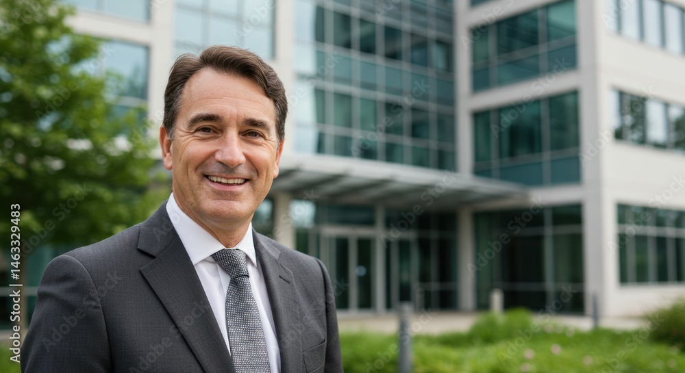 Man in suit smiles in front of modern office building exterior. Man in suit smiles in front of modern office building exterior.