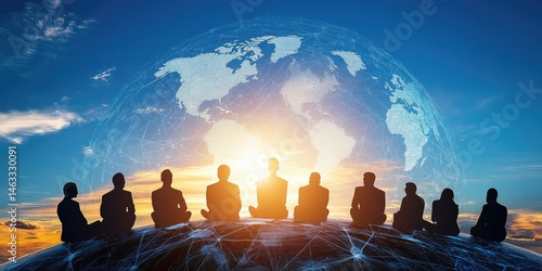 Global Collaboration Silhouetted Figures on a World Map at Sunrise