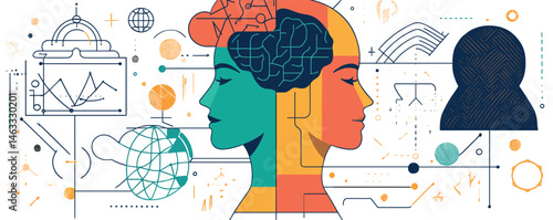 Abstract brain illustration: human duality and mind complexity in modern art design.