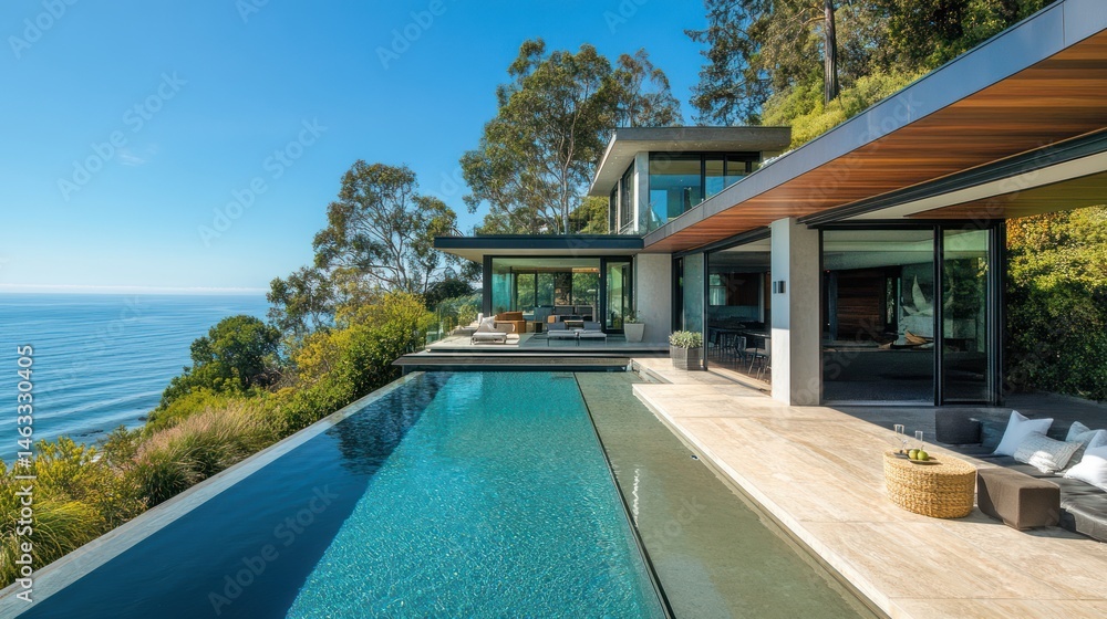 Fototapeta premium Seaside serenity: Luxurious modern villa with infinity pool overlooking the ocean