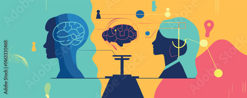 Abstract concept of human intellect and emotion with two interacting digital figures.