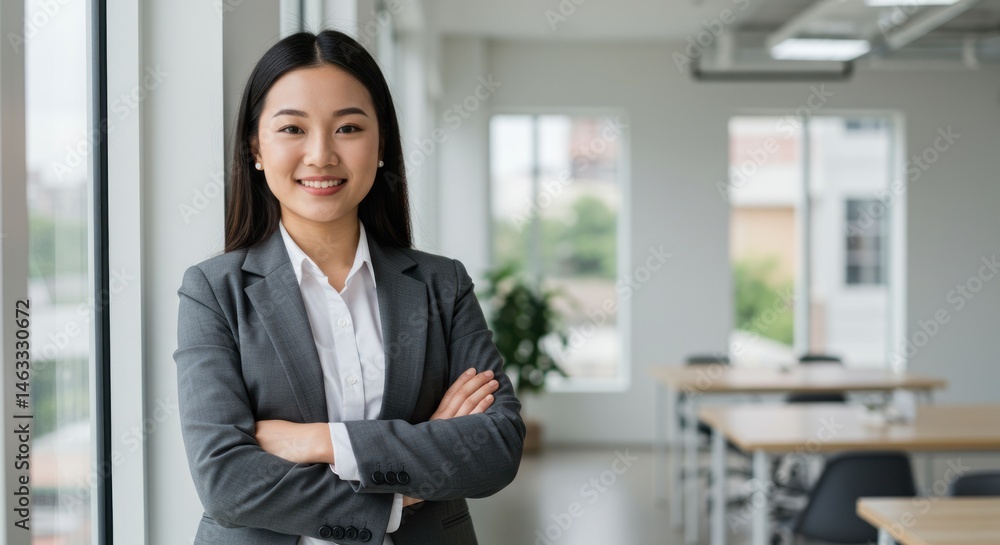 Young woman in business attire stands confidently in a bright office space. Young woman in business attire stands confidently in a bright office space.