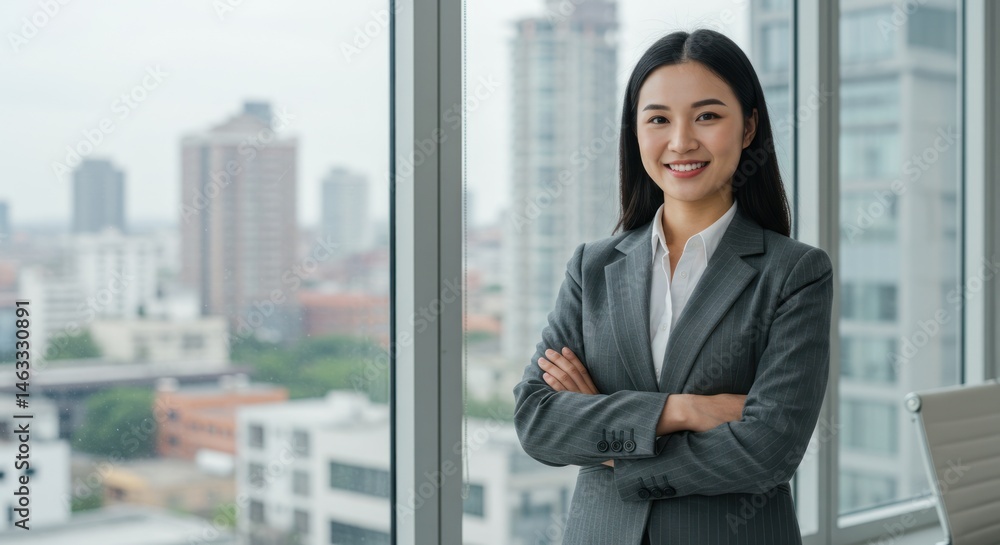 Asian woman in business suit stands with arms crossed city buildings visible. Asian woman in business suit stands with arms crossed city buildings visible.