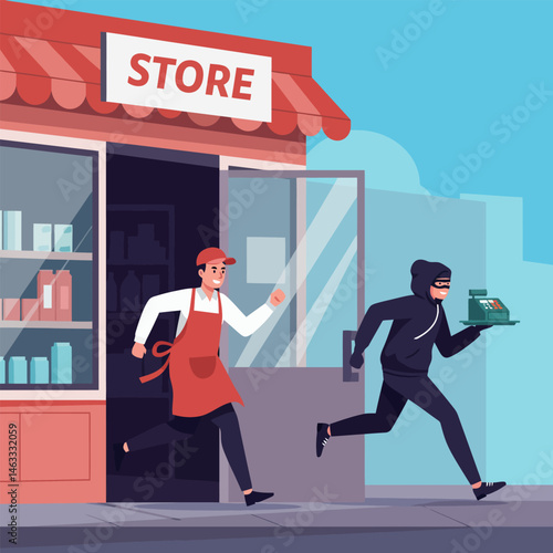 Chasing Thief Running From Shop with Cash Register After Robbery